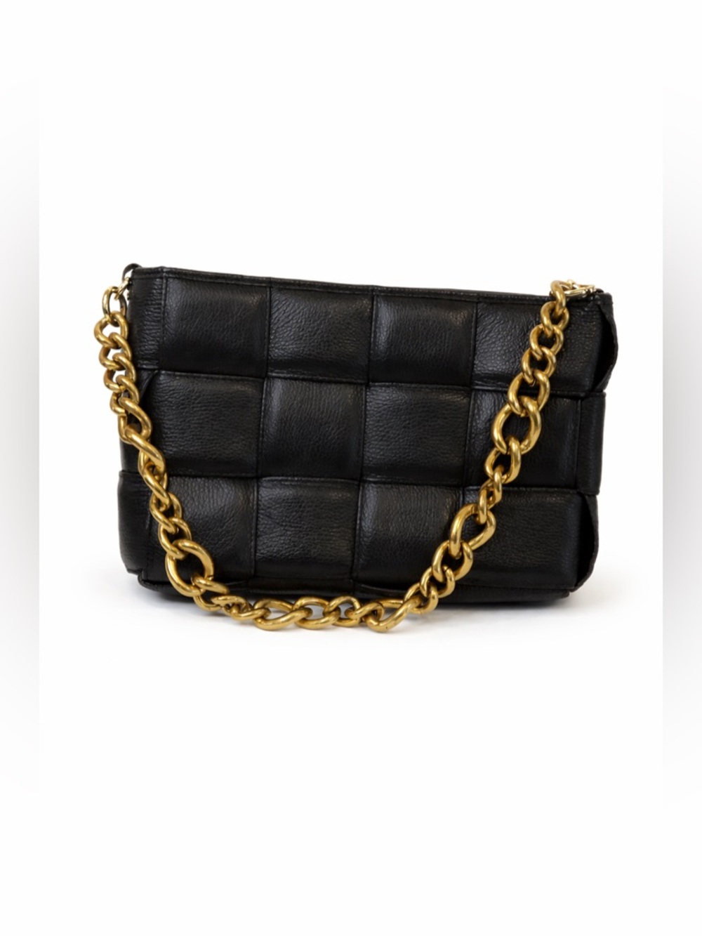 MONICA BINI Women's Black Italian Leather Woven Shoulder Bag Gold Chain Handle